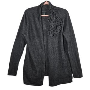 Cynthia Rowley Sweater Womens Large Gray Angora Blend Open Front Floral Cardigan